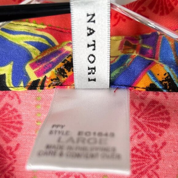 2/$30 Natori Cruz Large Striped Seashell Top Blouse Button Down Red Orange - Picture 4 of 5